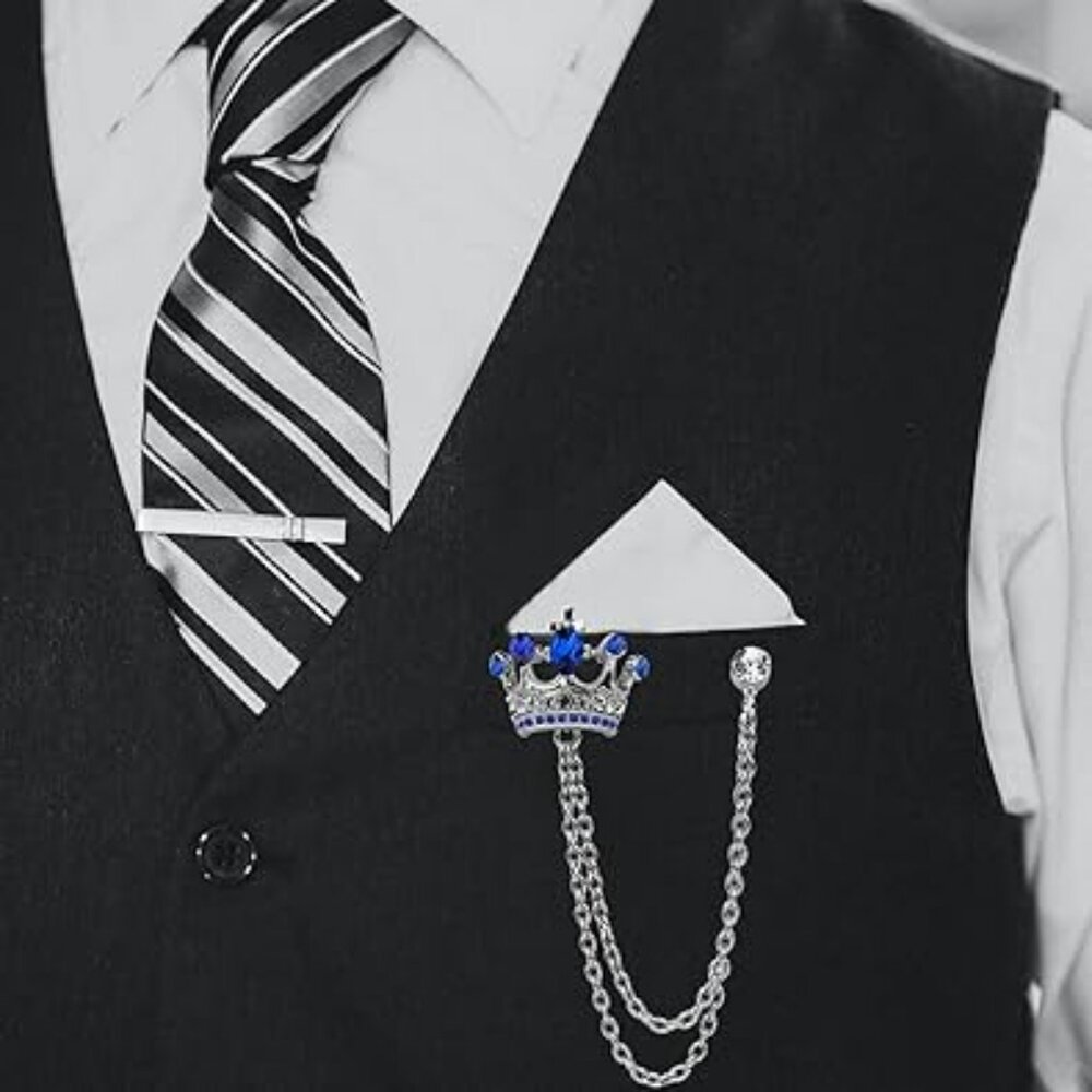 Men's Suit Lapel Pin Royal Crown‎ With Blue Rhinestones Nice !!